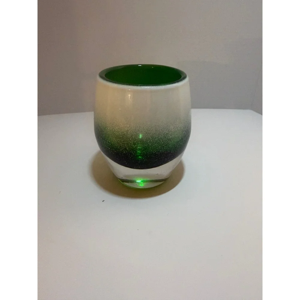 Hand Blown Art Glass Votive Candle Holder Green White Ombre Frosted Cased Glass
